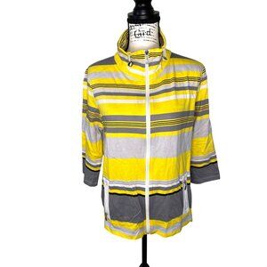 Jacket Yellow Gray Striped Full Zip Pockets Drawstring Collar Onque Casual Sz L